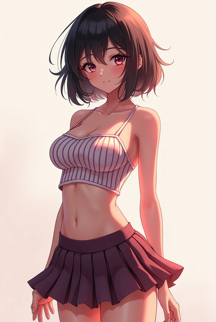 Beautiful anime girl with black short curly hair wearing a very small white t-shirt with big breasts wearing very tight red short with big thighs