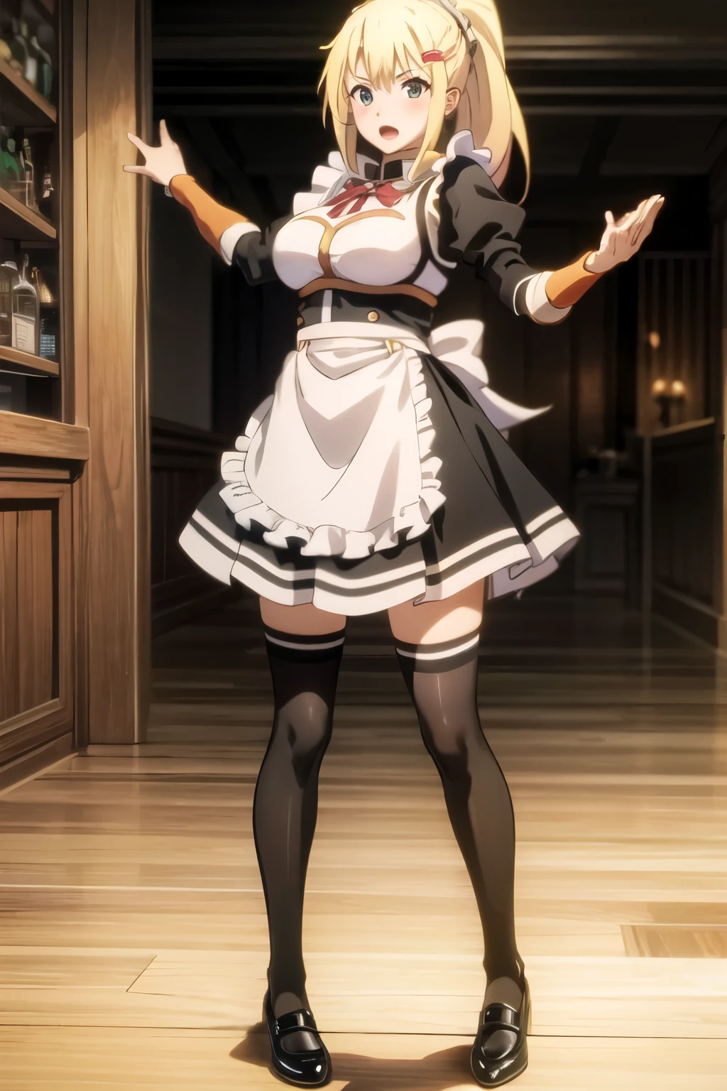 (masterpiece:1.0),(Highest_quality:1.0), 超High resolution,4K,Very detailed, photograph, 8k, High resolution, perfect eye, perfect face, (Lalatina Dusty ford KonoSuba), One girl, blonde hair, lengthmhair, hair ornament, Vatu hair ornament, ponytail, green eye, perfect eye, perfect face,Parody, Open mouth, Large Breasts, maid headdress, (black mini-skirt maid: 1.5), (frilled apron), (black thighhighs), (mary Jane shoes), standing, full body, indoor, bar