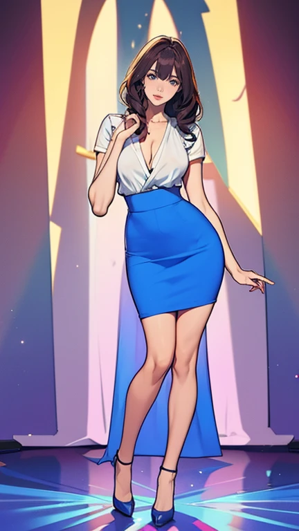 manhwa, cel shading, sexy girl, full body, vivid hair, pencil skirt, blouse, light rays, god rays, muscular, breasts, midium breasts, 