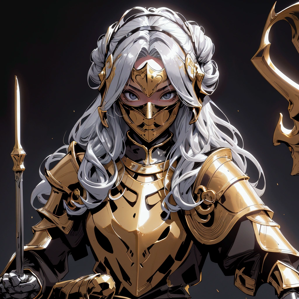 envision a 8k, highres, cinematic close up portrait of a Female Knight with Ritual mask, Full Mask, hair in a bun, a slender body with, ((helmet)), Light armor, Gold and Silver armor with against a dark gray background in the style of dark fantasy