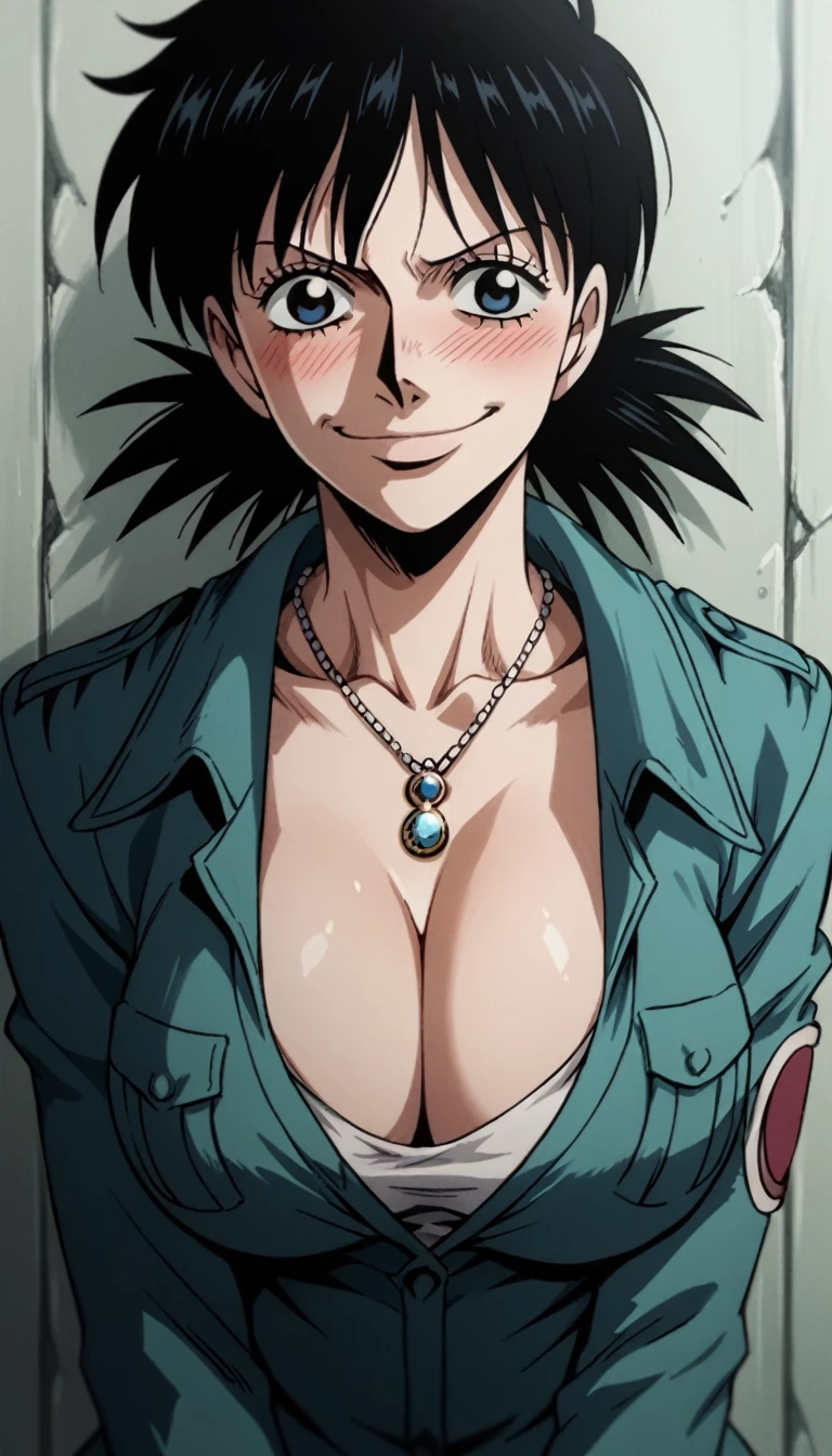 score_9, score_8_up, score_7_up, score_6_up, score_5_up, score_4_up, source_anime, BREAK
hellsing_ultimate_style, solo,1girl,portrait,  one piece, luffy, large breasts, cleavage, shy, blush, pendant necklace, smirk, against the wall