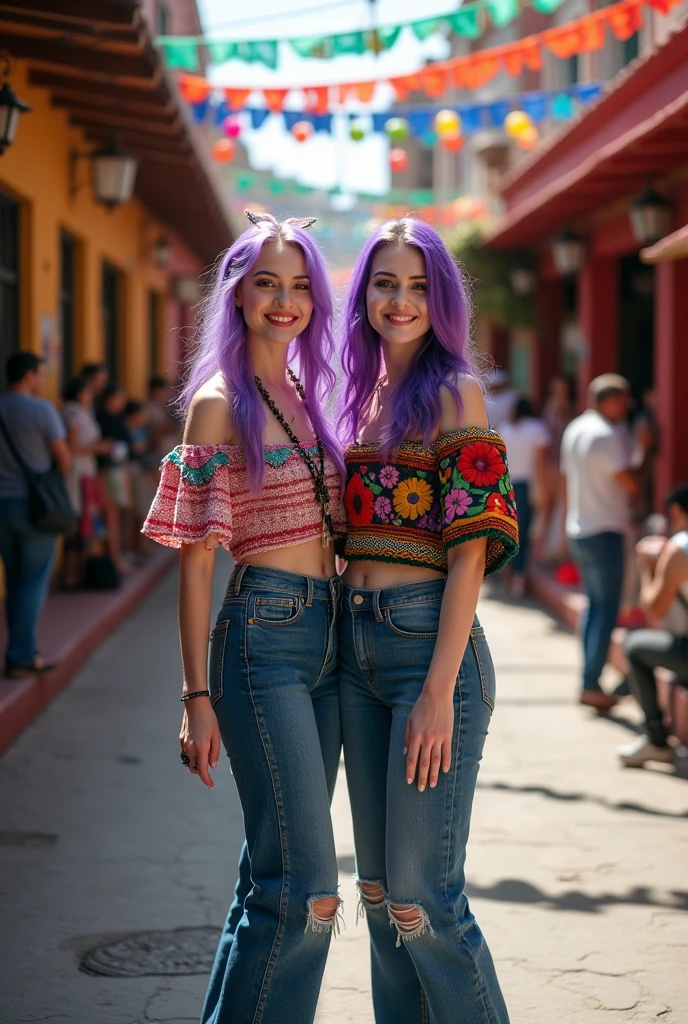 Two women with total light blue hairs are standing next to each other during hyppie festival, only one has short hairs, vibrant costumes,bright sunlight,peace and love,wildflowers,ethnic accessories,painted faces,sunshine,retro fashion,joyful expressions
