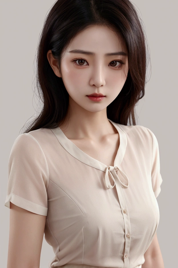 Asian women,40s, hair is dry and brittle, Troubled expression, The upper body is visible, Wearing a blouse, simple background
