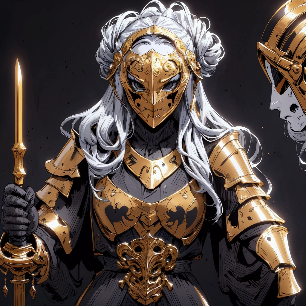 envision a 8k, highres, cinematic close up portrait of a Female Knight with Ritual mask, Full Mask, hair in a bun, a slender body with, ((helmet)), Light armor, Gold and Silver armor with against a dark gray background in the style of dark fantasy