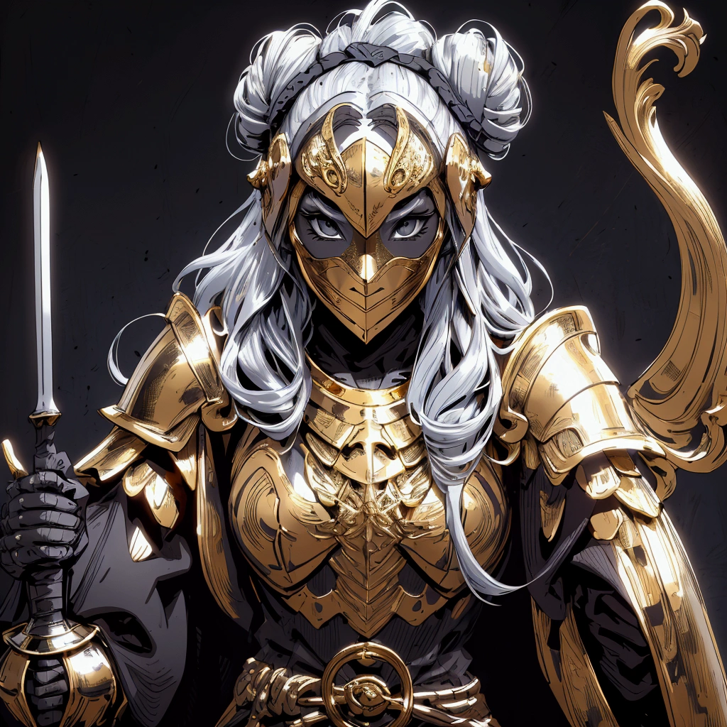 envision a 8k, highres, cinematic close up portrait of a Female Knight with Ritual mask, Full Mask, hair in a bun, a slender body with, ((helmet)), Light armor, Gold and Silver armor with against a dark gray background in the style of dark fantasy