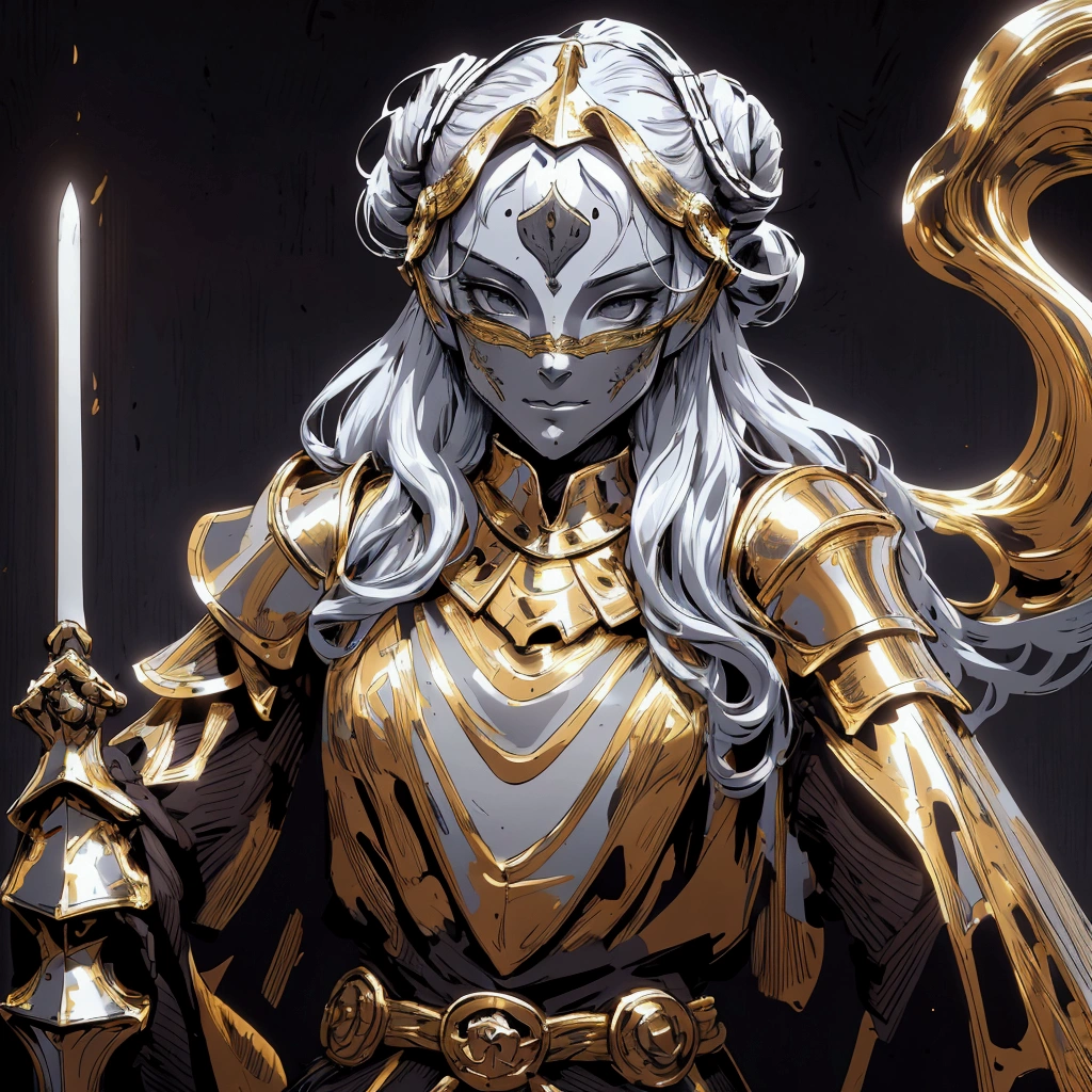 envision a 8k, highres, cinematic close up portrait of a Female Knight with Ritual mask, Full Mask, hair in a bun, a slender body with, ((helmet)), Light armor, Gold and Silver armor with against a dark gray background in the style of dark fantasy