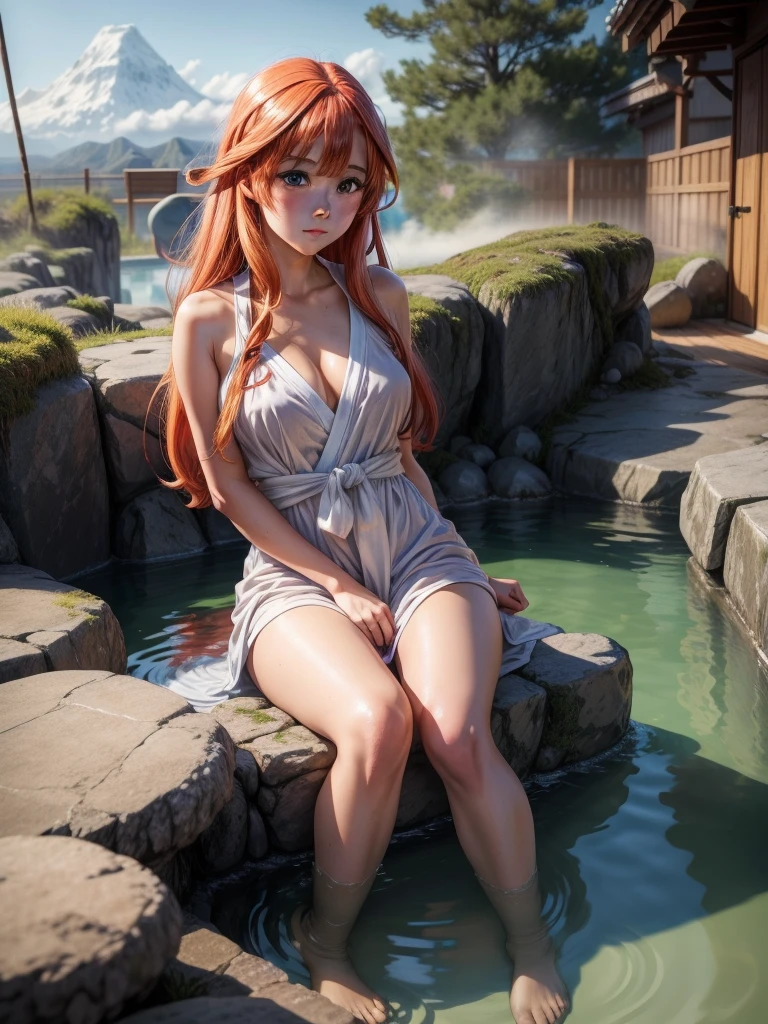 (masutepiece, Best Quality), ((1girl in, Solo, Long hair)), Ishmael_limbus, Innocent expression, Bare arms, Bare shoulders, barechested, watercolor paiting, sundress, liquid clothes, Water, vague, Water Dress, Blue_theme, Night, myst, Dark, Sharp Focus, On the beach, See-through dress, Orange hair