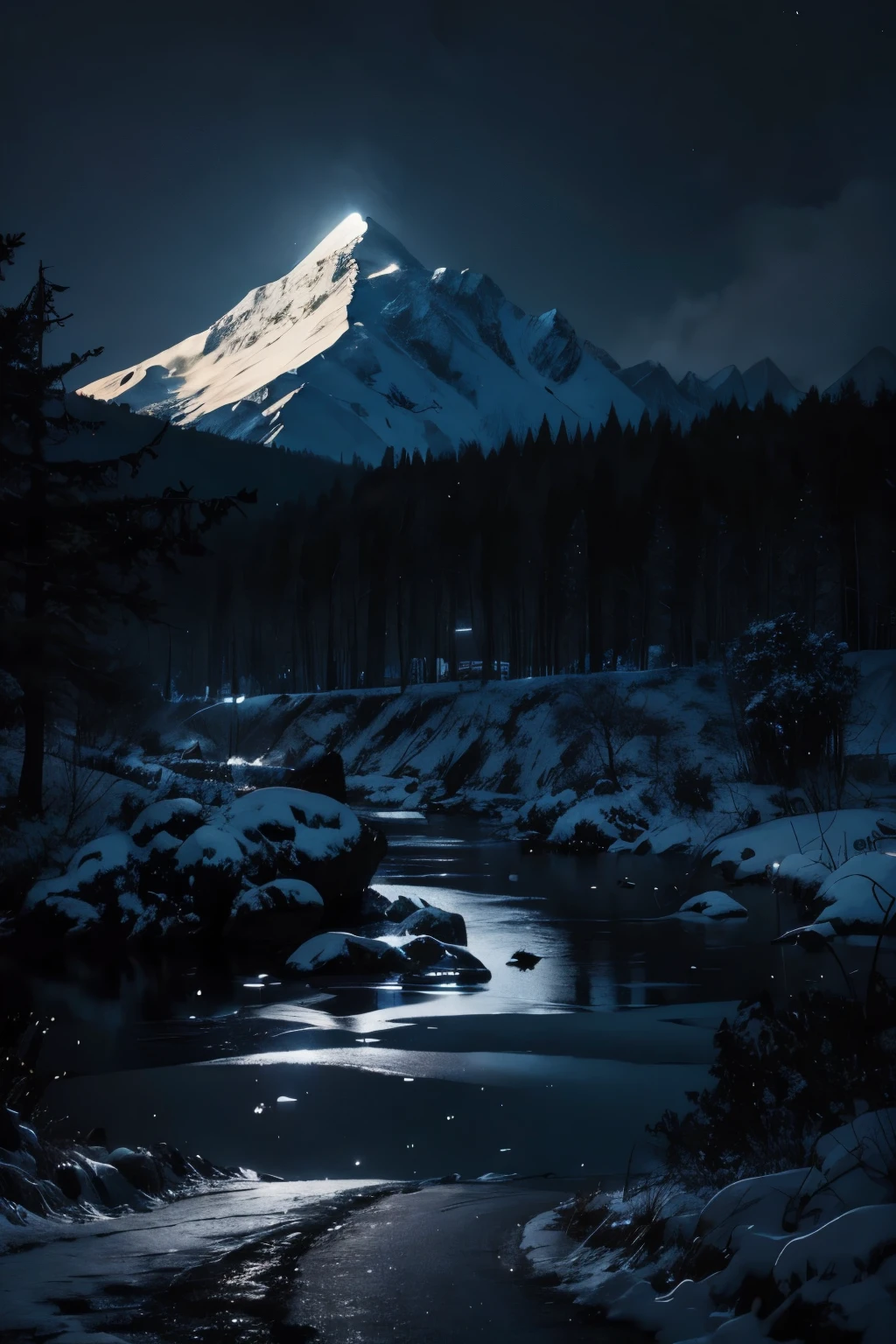 Snow Mountain，moon，night