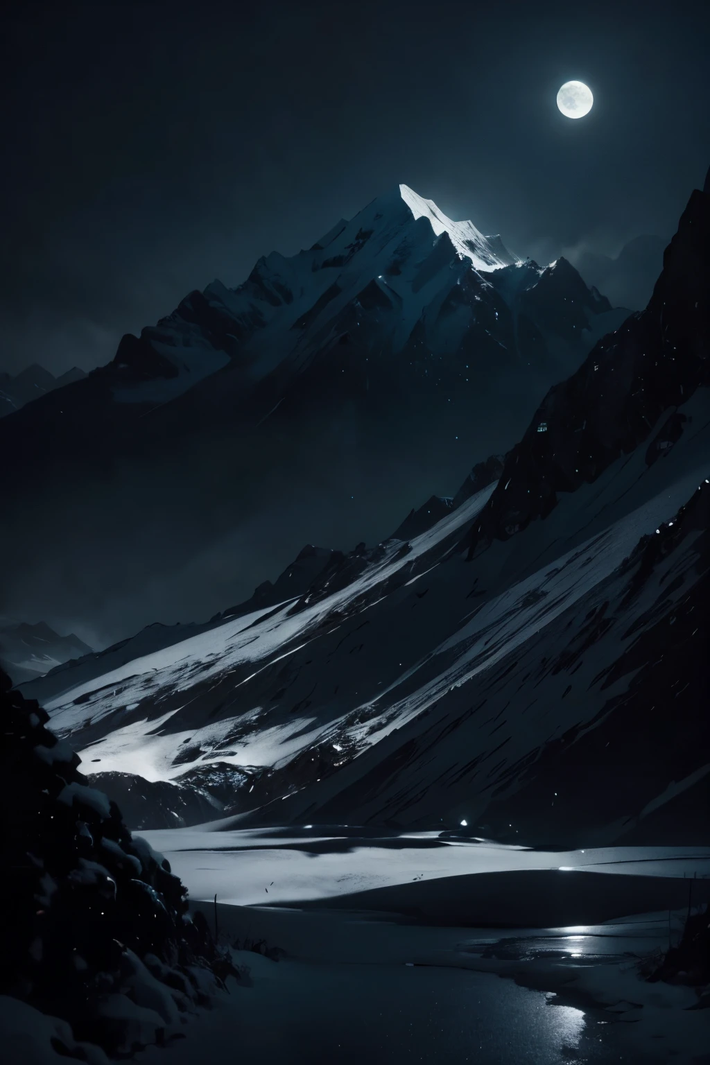 Snow Mountain，moon，night