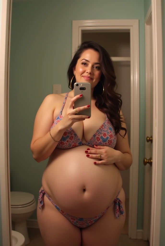 Pregnant woman with very large belly taking a selfie while wearing small bikini