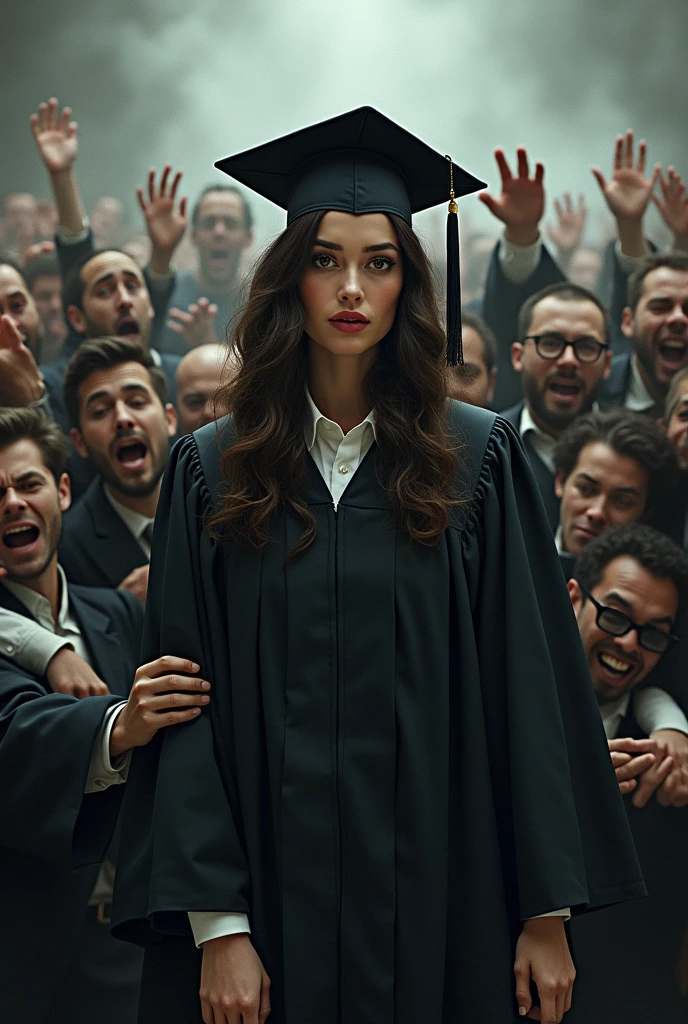 (masterpiece), ((crowd of men in black suits of various ages in the background)) and (((nude naked nude naked  girl who has short curly hair and mortarboard is shouting and dancing))) and  has medium breast and nipple and vagina and earring and wristwatch and necklace and wears a mortarboard, classroom setting, chart on wall,