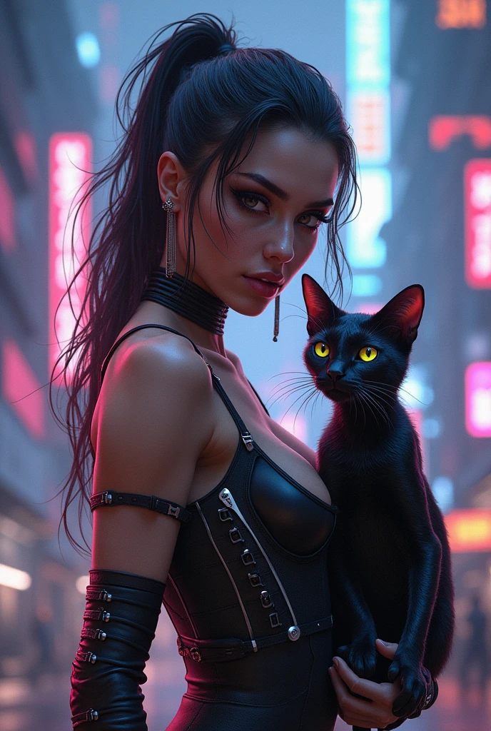 Beautiful image of Reika Shimohira as a (Cyberpunk Nekomata catgirl), slender body, cat ears, cat tail, sitting on edge of rooftop, ((dynamic pose)), science fiction, (cyberpunk city in the background), Gantz, Cyberpunk 2077, Ultra realistic photo, masterpiece, best quality, CG, wallpaper, HDR, high quality, high-definition, extremely detailed, {beautiful detailed face}, {beautiful detailed eyes}, (detailed light){{intricate detail}}, {highres}, ((detailed face)), neon light, chiaroscuro, key visual, intricate detail, highly detailed, breathtaking, vibrant, cinematic lighting, 18+, Nsfw