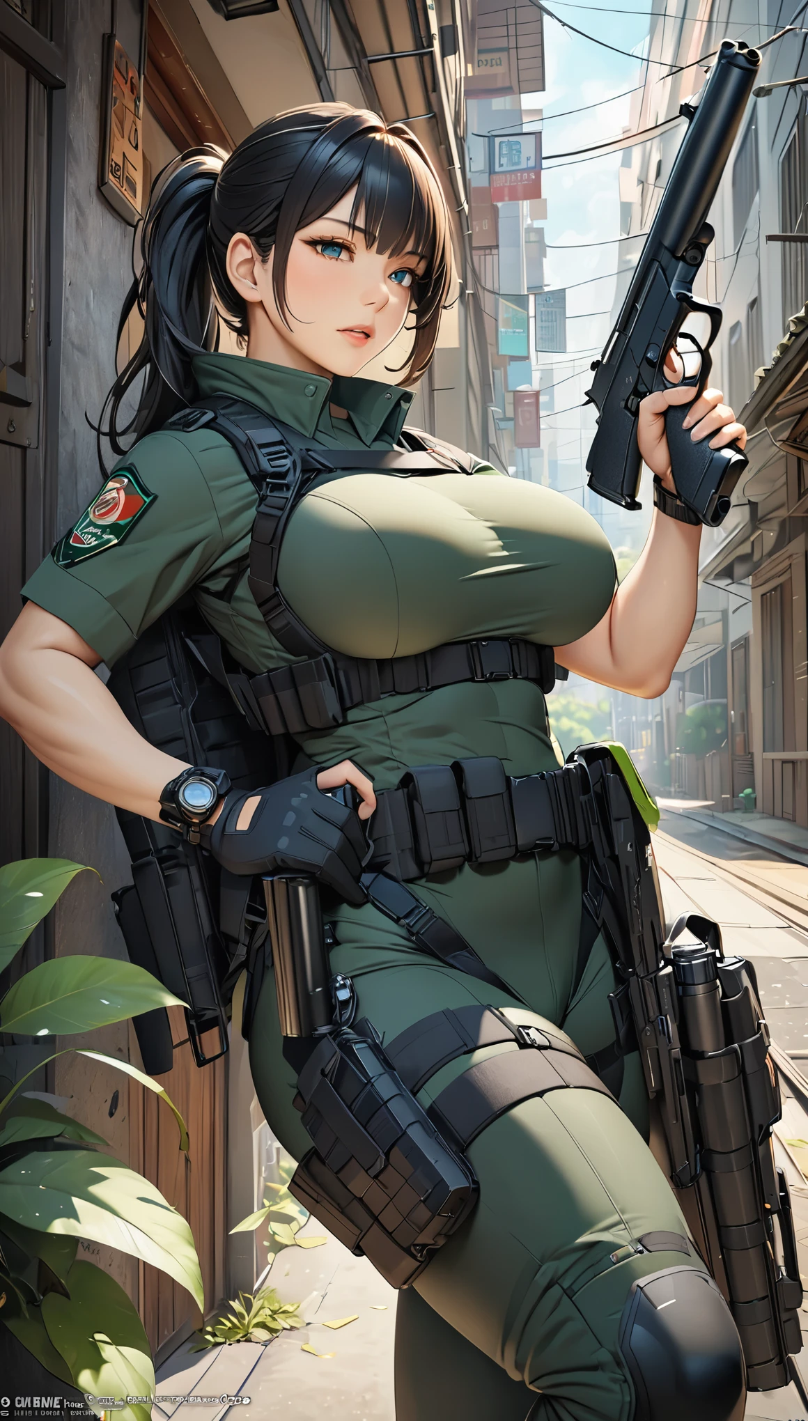 8k、Ultra-high resolution、Highest quality、masterpiece、Realistic、Ultra-high resolution、High-definition RAW color photos、Professional photos、real、photo realistic、(Always big breasts、Definitely a pretty big bust、cleavage)、Vivid lighting、Natural skin texture、Fine skin、Hyperrealism、Intricate details、Depth of written boundary、Adult women、masterpiece、Highest quality、High Detail、Eye highlights、Lip gloss、((Serious expression、((Short Hair))、Marathon runner,ruins,((Tied up with rope)):1.5))、((Combat Boots、beret,Black Leather Gloves,(Camouflage Cargo Pants,Camouflage pattern jacket,Hold a pistol):1.6)),See-through nipples
