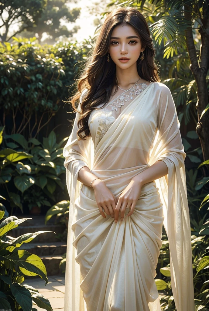 ultrarealistic hires close up photo of a 30-year-old sapa woman, outdoors, realistic skin texture, looking looking at camera, (Chiffon_saree_blouse:1.2), tied up hair, night time, smiling, beautiful bokeh background