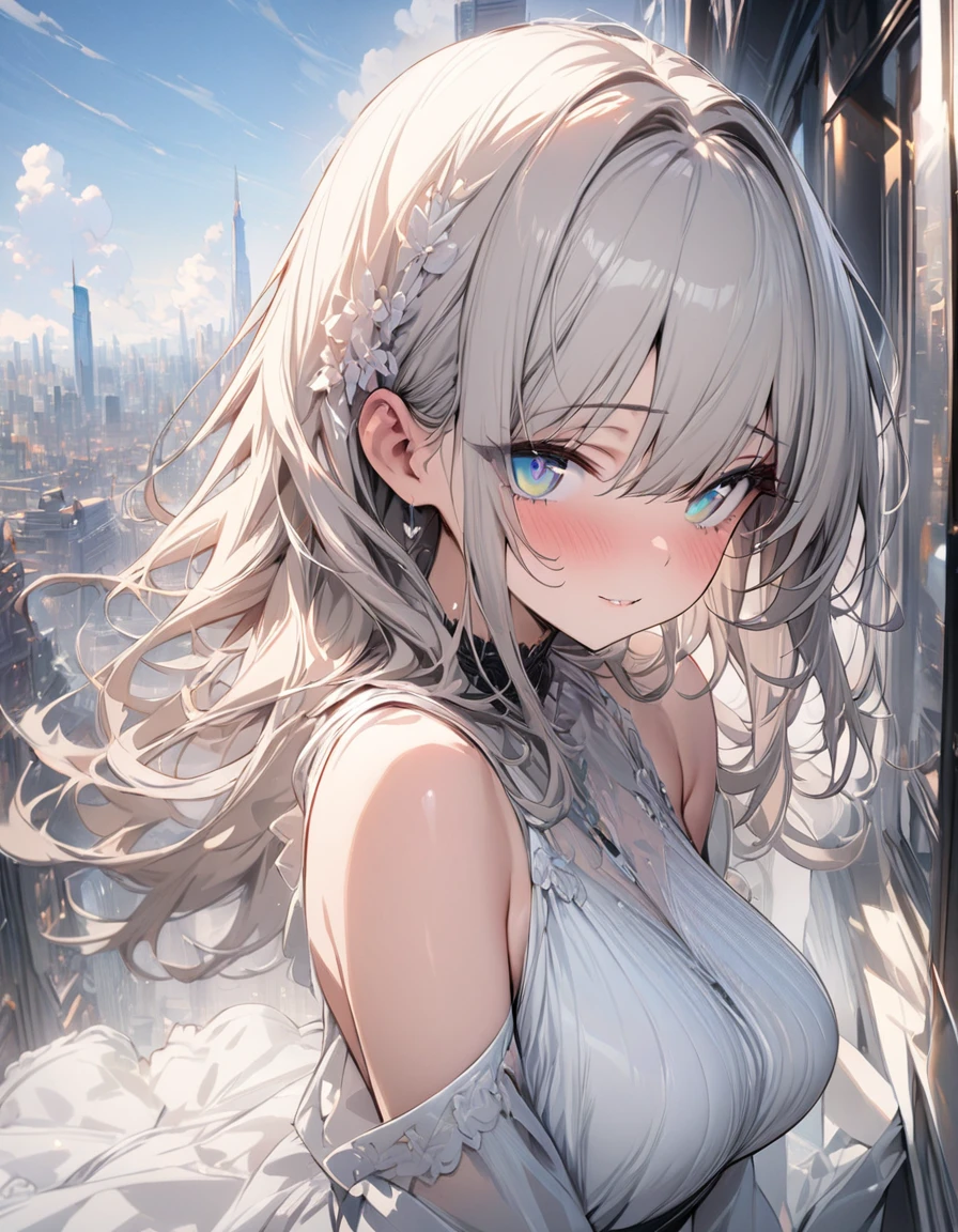 Official Art, masterpiece, Clear focus, (beautiful, Beautiful and cute Korean woman:1.3), (Beautiful and cute Korean:1.3), Korean beauty, 精致beautiful头发、Eyes and face, actual, Super detailed, beautiful女孩, Blue sky, Glowing white particles, (Side Light:1.2), Sunlight, White Cloud, Detailed clouds, Slim, Such a cute big ass, Smile with teeth bared, ((Smile with your eyes, Open your eyes)), landscape, Long straight hair, sexy facial expression, architecture, (city View:1.7), Dynamic Hair, very Long straight hair, Delicate platinum-blonde hair, Green Eyes, Black skirt, , Pale skin, Hair accessories, epic landscape,，White high heels，Nice ass，beautiful buttocks，There&#39;s nothing under the skirt.，weight loss