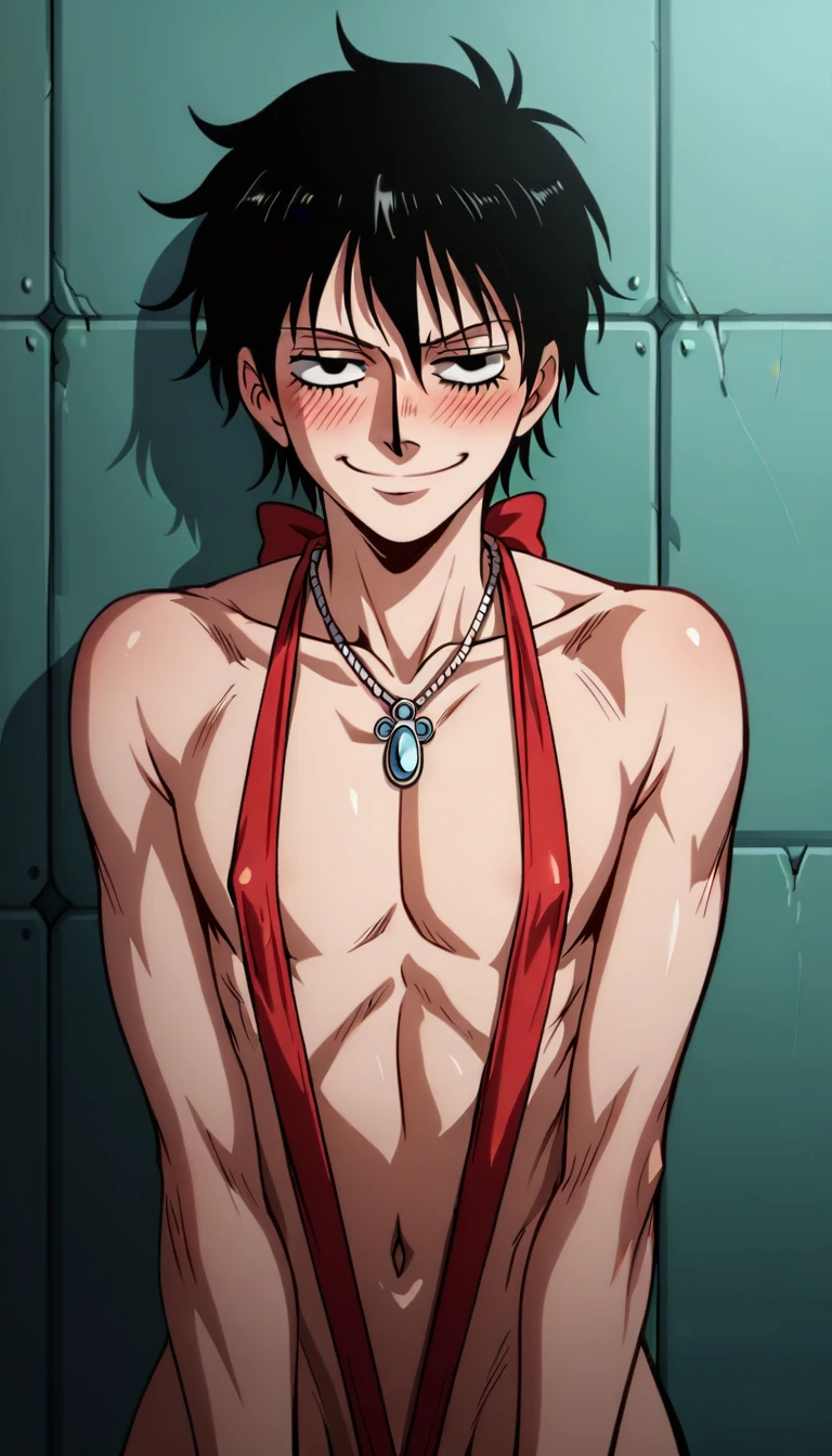 score_9, score_8_up, score_7_up, score_6_up, score_5_up, score_4_up, source_anime, BREAK
hellsing_ultimate_style, solo,1boy,portrait, femboy, twink,  one piece, luffy, large breasts, cleavage, shy, blush, pendant necklace, smirk, against the wall, sling bikini 