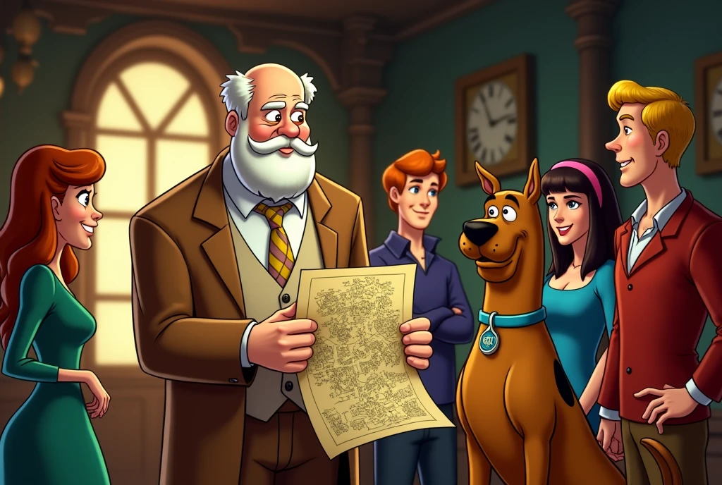 Fritz Perls, psychiatrist, slightly chubby, bald with white hair only on the sides, white bearded, bushy eyebrows, has some wrinkles. drawing version (in the style of drawing/animation "scooby doo"). He's with the Scooby Doo gang (scooby, The dog; velma, who has short dark hair, use your eyes, orange and red clothes; sausage, skinny man, Red-Haired, wears a green shirt with brown pants and is a bit hunchbacked; fred, tall, slightly muscular blond man, wears blue and white clothes; e daphne, beautfull woman, slender, redheadwear, who wears purple and green clothes) unmasking the monster (is taking off his mask and discovering that he is a person)