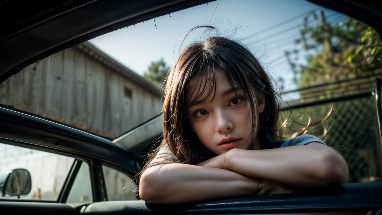 (High resolution,masterpiece:1.2),(actual:1.37),(best quality, High resolution, Super detailed, actual),rusty car, (lens flare, Bokeh, wide angle, 超wide angle, from below, from the side, wide angle鏡頭, Isometric, afterimage, Partially shot from the right), (from below:1.5), ((delicate eyes)), barefoot, whole body, Dirty fire element woman locked to chair in car, White tattered, window broken, woman, Direction plate, Waiting expression, Worried Chris is chained and imprisoned in a house in a fantasy land, Worry about the future, black hair, realistic hand, light shadow on window. Clear outlook.