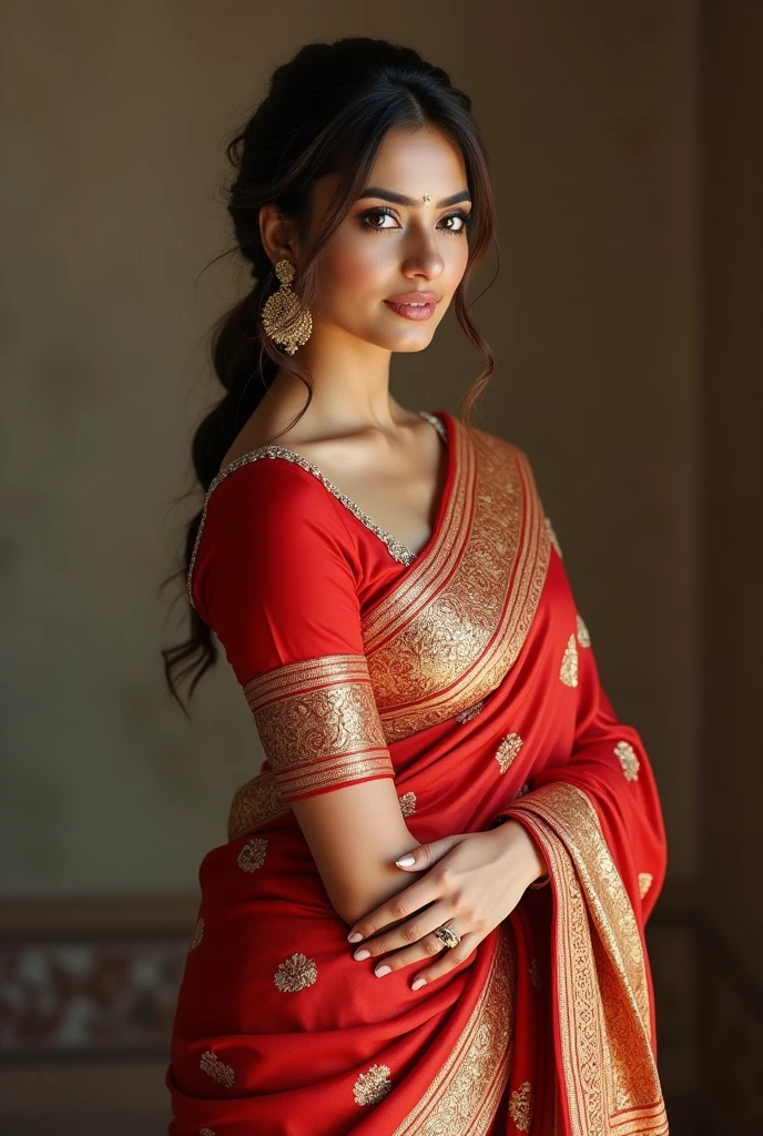 A 2 light brown indian girl, who is perfectly fit and wearing full red full saree
