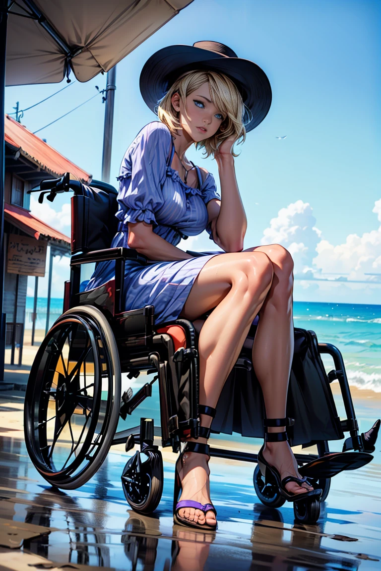 (((((full body))))), (((((wheelchair))))), (((((fair skin))))), ((((2 legs)))), (((slim body))), (((paralyzed))).  masterpiece, best quality, anime, anatomically accurate, detailed face, pretty face, extremely detailed face, ((((1girl)))), (((short hair))), (((long legs))), (((huge breasts))), bob cut hair, blonde hair, big and expressive eyes, (wearing violet sundress and brimmed hat), mesmerizing hair, slender hips, (Perfect hands and fingers very well detailed), full body photo, on the seashore, 16 years old, reflection in the eye, blue eyes, anime, Anime Style, cinematic lighting, ray tracing, panorama, Sony FE, high definition, artwork, Anatomically Correct, Textuvermelho Skin, super detail, high quality, high resolution, high definition