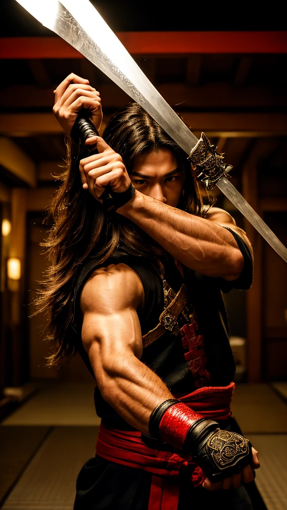 Fighting with two swords, Samurai, Stretch your arms, Realist:1.3,( fPhoto, Realist, 8k, RAW Photos, Premium Quality, masterpiece, Great lighting, Centered Images), (Dynamic Movement, Dynamic fighting,), (2 katana), whole body, (Disheveled brown long hair), (Handsome Japanese young man, 1, have confidence、Trained muscles., Wildman and his body with perfect details), cyber punk, Warrior, Tokyo, Shibuya Ward,
