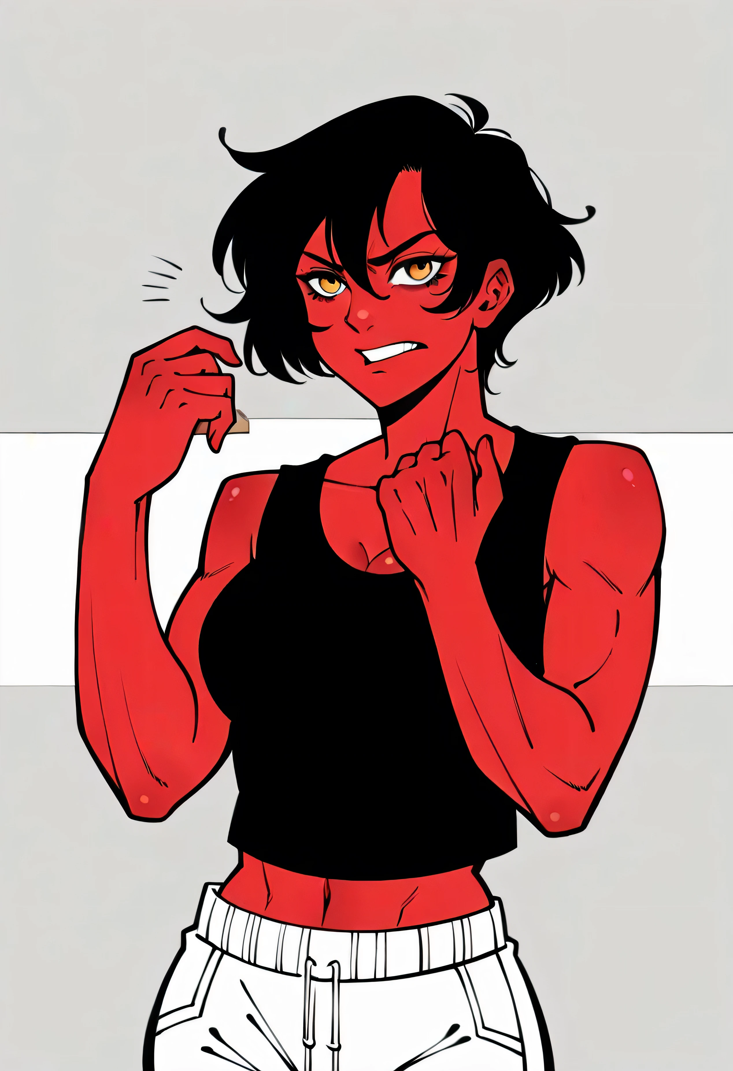 Redna Clareta, a girl with red skin, showing an expression of boredom. She is sighing, with her chin resting in her hand, and her body is slightly swaying. Black short hair square. Her amber eyes look distant. She's wearing a (black top tank), matching her athletic build. Background bathroom. The image is in a comic book style, focusing on her bored expression and posture, naked, fitness girl (1m75),average sized breasts,abs view , bath towel around the waist