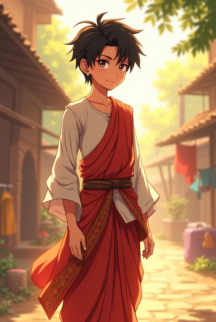 There is a little 6-year-old boy from the street, he is homeless and he has gotten into the halls and hallways of a luxurious Arab palace., the boy is shirtless in a skirt 