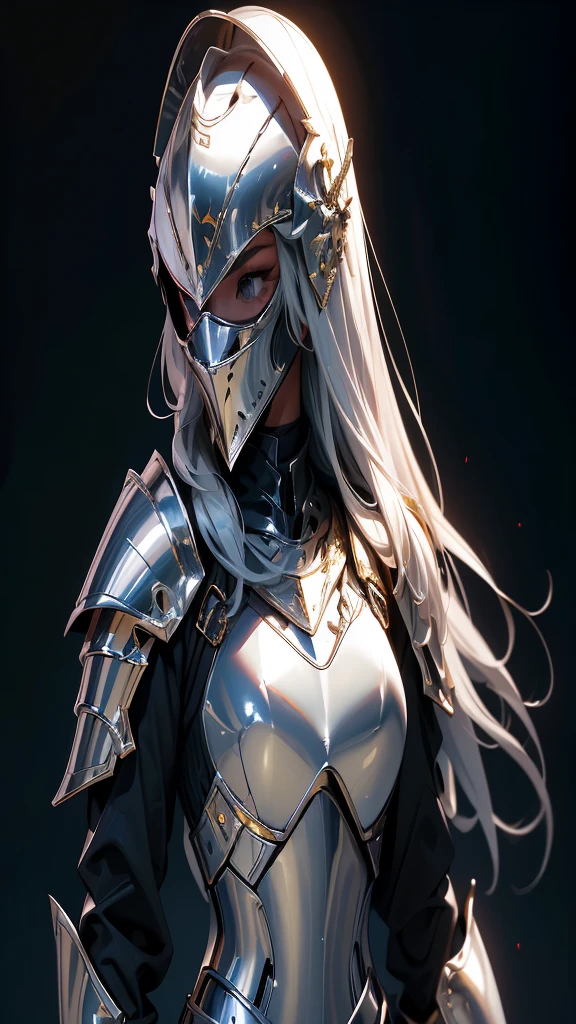 envision a 8k, highres, cinematic full body concept art of a ((Faceless)) Female Knight with helmet covering her whole face, a slender body with Full armored helmet, Light armor, Gold and Silver armor with against a dark gray background in the style of dark fantasy