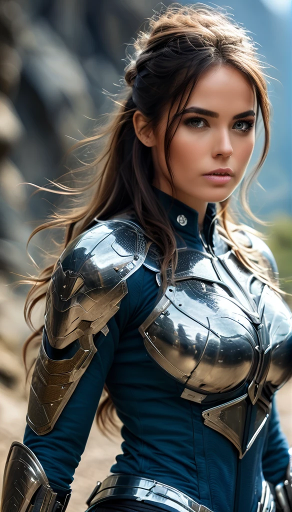 Latina Adult Film Actress Daisy Marie, MILF, evil beautiful and very muscular female Nordic storm giant with blue black-brunette hair in a hip length ponytail, older and mature looking , throwing a lightning bolt, glowing tattoos, wearing steel runic plate mail Armour , temple cave background with lightning storm, glowing blue eyes, powerful and imposing, square jawline