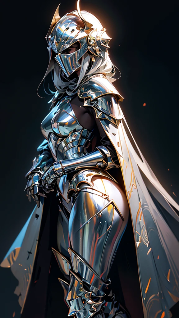 envision a 8k, highres, cinematic full body concept art of a ((Faceless)) Female Knight with helmet covering her whole face, a slender body with Full armored helmet, Light armor, Gold and Silver armor with against a dark gray background in the style of dark fantasy