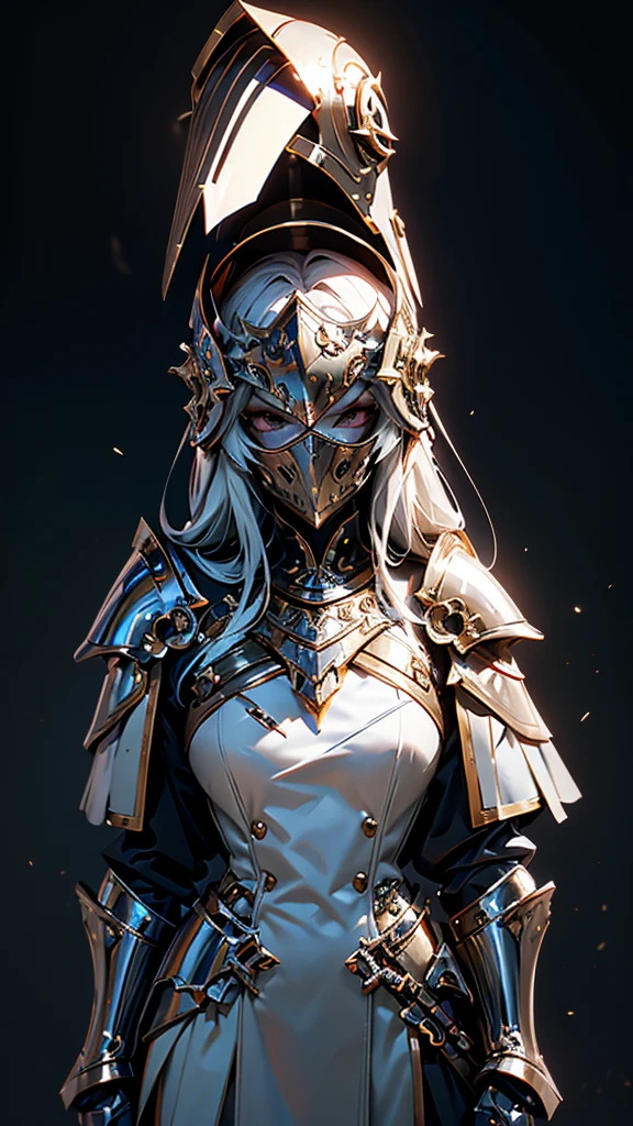 envision a 8k, highres, cinematic full body concept art of a ((Faceless)) Female Knight with helmet covering her whole face, a slender body with Full armored helmet, Light armor, Gold and Silver armor with against a dark gray background in the style of dark fantasy