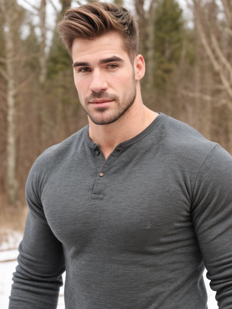 hair, portrait of a ruggedly handsome, muscular, half body, masculine, mature, Retrato de un joven, Muscular very handsome and attractive spanis men, A 4 male, Retrato de un joven, Muscular, real,  winter, autunmal landscape, forest, sport shirt.