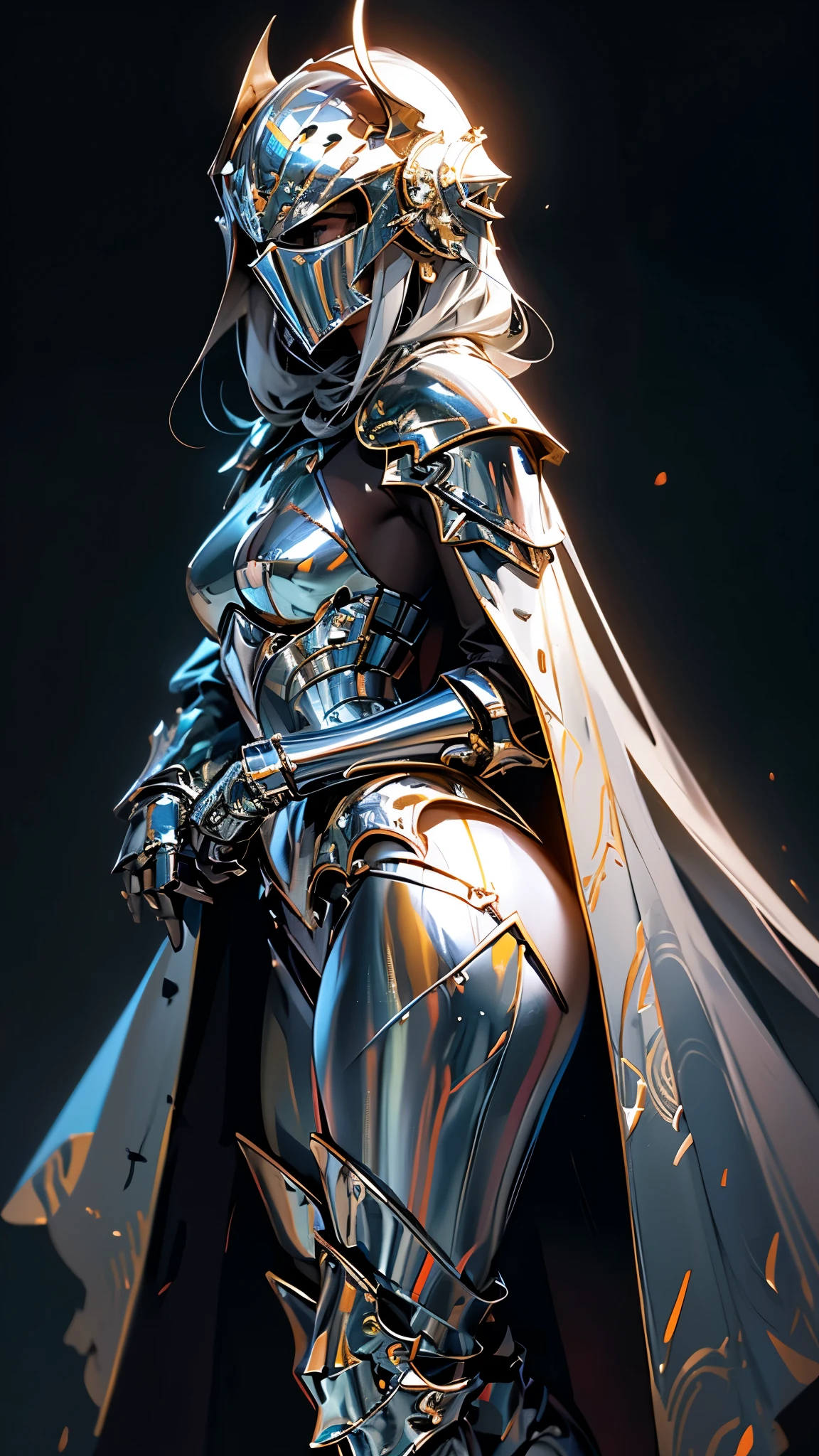 envision a 8k, highres, cinematic full body concept art of a ((Faceless)) Female Knight with helmet covering her whole face, a slender body with Full armored helmet, Light armor, Gold and Silver armor with against a dark gray background in the style of dark fantasy