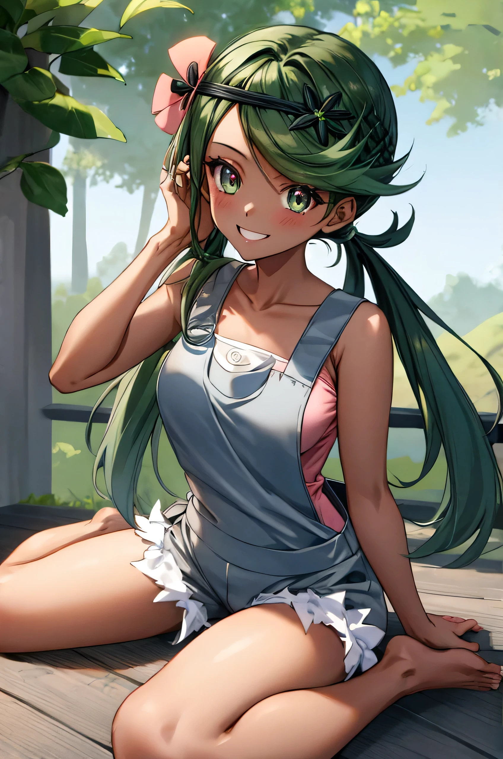 1girl, sitting, (wariza), facing viewer, BREAK defMallow, dark skin, twintails, green hair, hair flower, hair ornament, grey overalls, pink shirt, sleeveless, grey shorts, barefoot, (small breasts:0.8), (smile0.7), BREAK detailed background, forest, outdoor, BREAK (best quality, masterpiece, UHD, ultra detailed), (beautiful face, shiny skin), (detailed eyes), (perfect anatomy), (professional lighting)