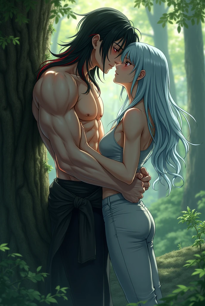 A bunny girl getting fucked by a wolf boy in the middle of a forest.