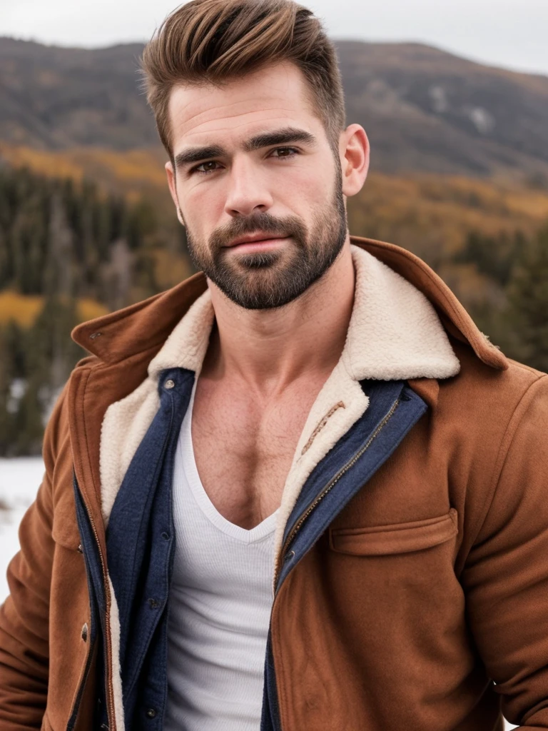 hair, portrait of a ruggedly handsome, muscular, half body, masculine, mature, Retrato de un joven, Muscular very handsome and attractive spanis men, A 4 male, Retrato de un joven, Muscular, real,  winter, autunmal landscape, sport jacket.