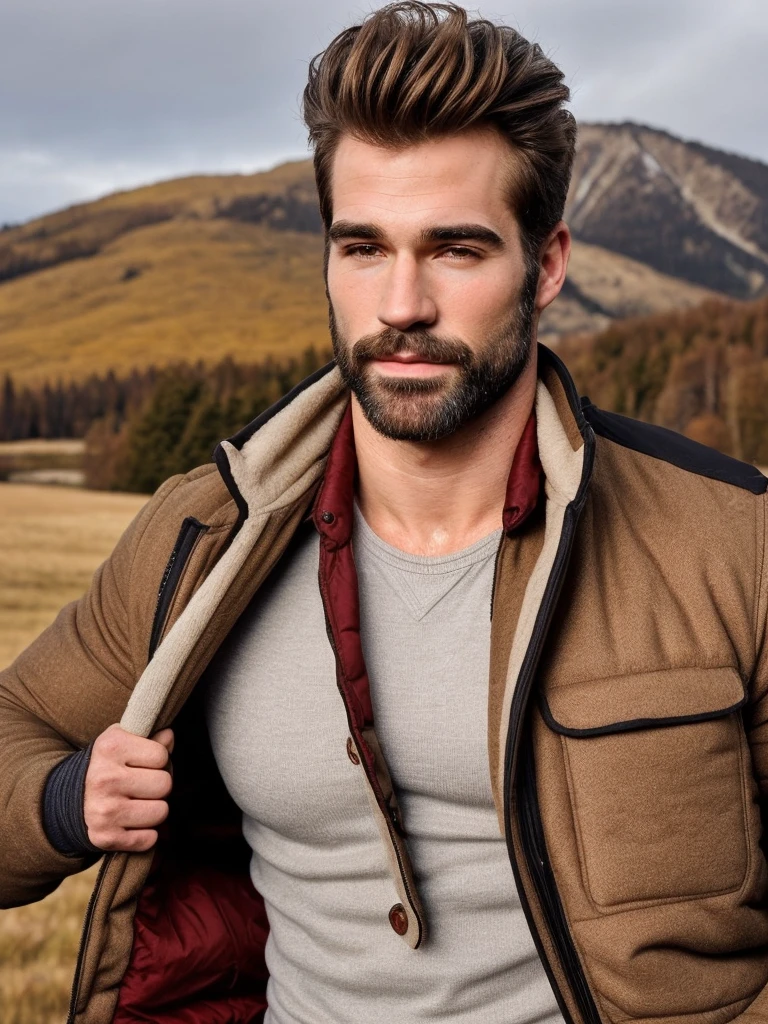 hair, portrait of a ruggedly handsome, muscular, half body, masculine, mature, Retrato de un joven, Muscular very handsome and attractive spanis men, A 4 male, Retrato de un joven, Muscular, real,  winter, autunmal landscape, sport jacket.