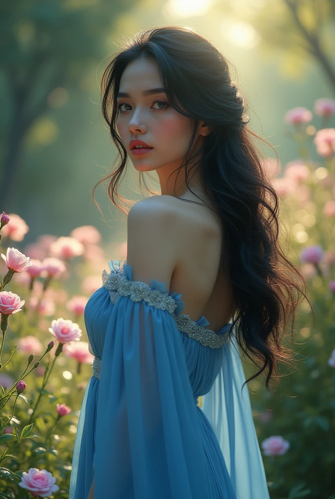A beautiful and graceful woman with large, round eyes like a full moon, her long black hair flowing gently in the wind. She wears a long, dark blue dress with shimmering gold embroidery, a classic and elegant cut with modern touches like a high slit or transparent sleeves. The dramatic light of the late afternoon sun illuminates her face from the side, creating long shadows and highlighting the beauty of her cheekbones, making her eyes sparkle like gems. The background is a blurred, beautiful flower garden, with colors like red, yellow, and purple blending together to create a stunning harmony. A mysterious, subtle smile plays on her lips. She stands tall and graceful, her gaze fixed on the distance. Add small details like antique jewelry or a unique hair accessory to enhance the classic and elegant impression.
