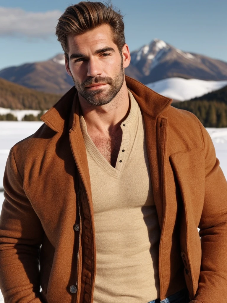 hair, portrait of a ruggedly handsome, muscular, half body, masculine, mature, Retrato de un joven, Muscular very handsome and attractive spanis men, old male, Retrato de un joven, Muscular, real,  winter, autunmal landscape, sport jacket.