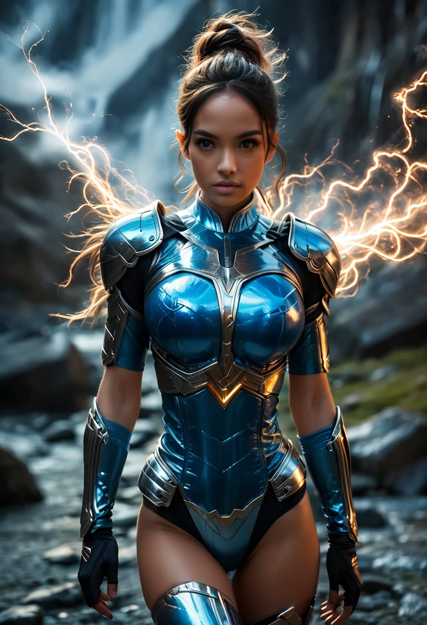 Latina Adult Film Actress Daisy Marie, MILF, evil beautiful and very muscular female Nordic storm giant with blue black-brunette hair in a hip length ponytail, older and mature looking , throwing a lightning bolt, glowing tattoos, wearing steel runic plate mail Armour , temple cave background with lightning storm, glowing blue eyes, powerful and imposing, square jawline