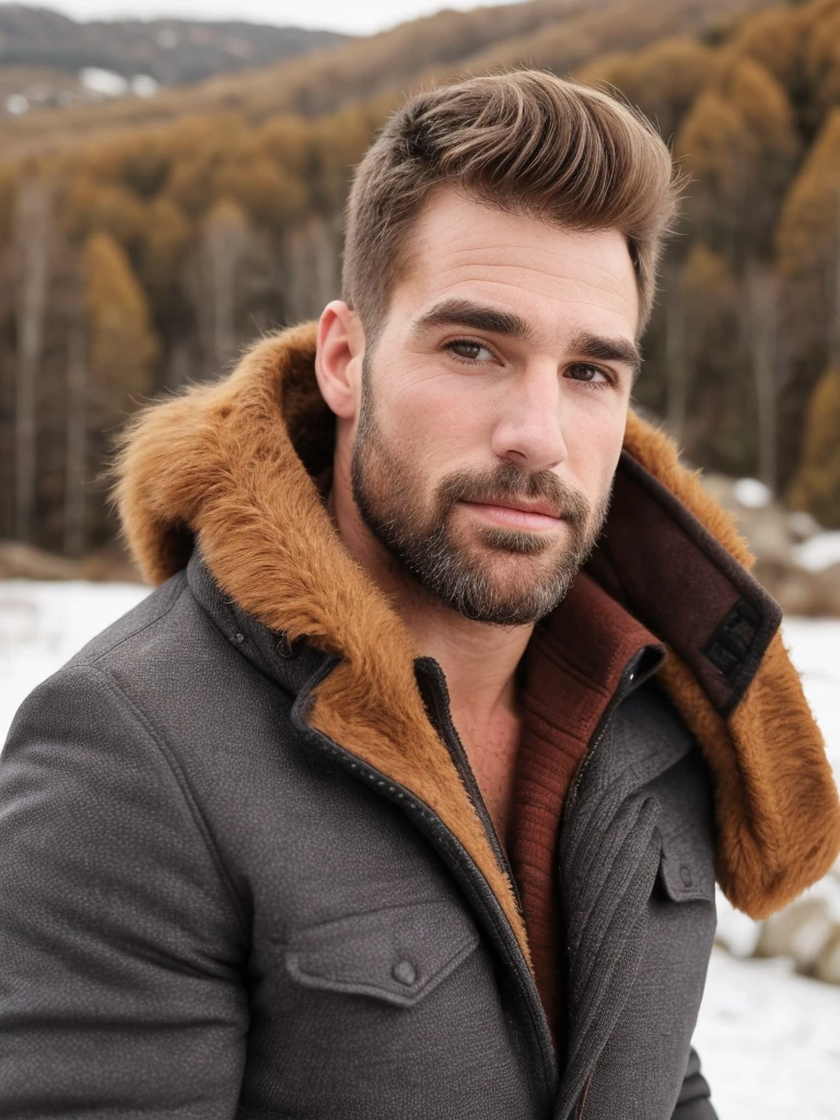 hair, portrait of a ruggedly handsome, muscular, half body, masculine, mature, Retrato de un joven, Muscular very handsome and attractive spanis men, old male, Retrato de un joven, Muscular, real,  winter, autunmal landscape, sport jacket.