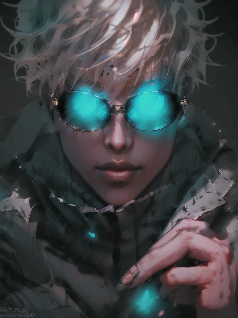 1 boy, looking at screen, masterpiece, best quality, solo, Gojo Satoru, highest detailed, sunglasses, glowing eyes, white hair, rim light, intricate details, hyper realistic, photorealistic, 8k, cinematic lighting, dramatic pose, intense expression, flawless skin, beautiful detailed eyes, beautiful detailed lips, extremely detailed face, long eyelashes, sharp focus, cinematic composition, vivid colors, dynamic lighting, digital painting