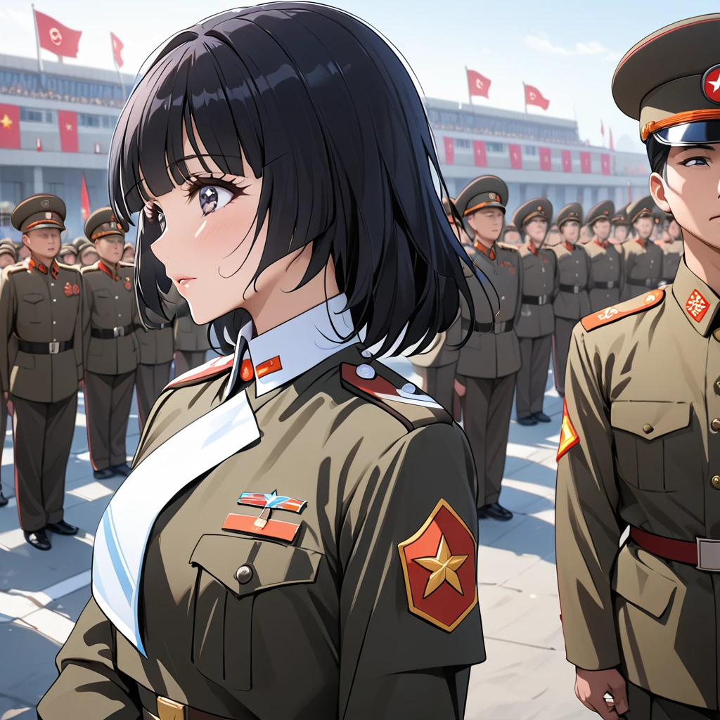 Anime dictator girl with hair covering one eye with other communist girls dirty of blood in the russian city in snow with the communist flag in background 2D animation
No errors
