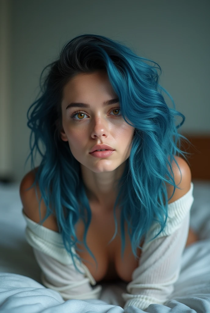 (Close-up, editorial photograph of a 21 year old woman), (highly detailed face:1.4) (smile:0.7) (background inside dark, moody, private study:1.3) POV, by lee jeffries, nikon d850, film stock photograph ,4 kodak portra 400 ,camera f1.6 lens ,rich colors, hyper realistic ,lifelike texture, dramatic lighting , cinestill 800, wavy hair, messy hair, curls, Short hair, Mischievous smirk, Blue hair, Blue Eyes, freckles, White Skin, Sci Fi, Spaceship, Cyberpunk, Futurism, Military Suit, Technocratic Union, Astral Plane, European expressions, European woman, European skin