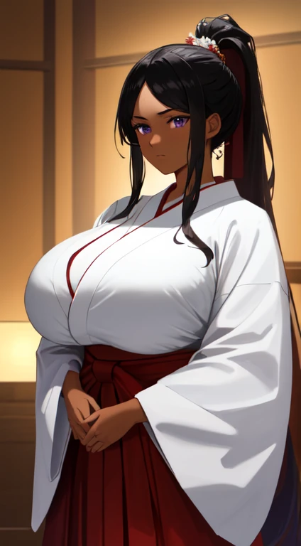 a beautiful young woman, long black hair tied in high ponytail, parted bangs, gigantic forehead, purple eyes, (tan skin: 1.3)), massive breasts, red hakama, white kimono, 90s anime style, cinematic lighting, highly detailed, masterpiece, 8k, photorealistic, hyper detailed, intricate background, soft lighting, vibrant colors, dramatic shadows, symmetrical composition, expressionless, bored, tired, facing viewer