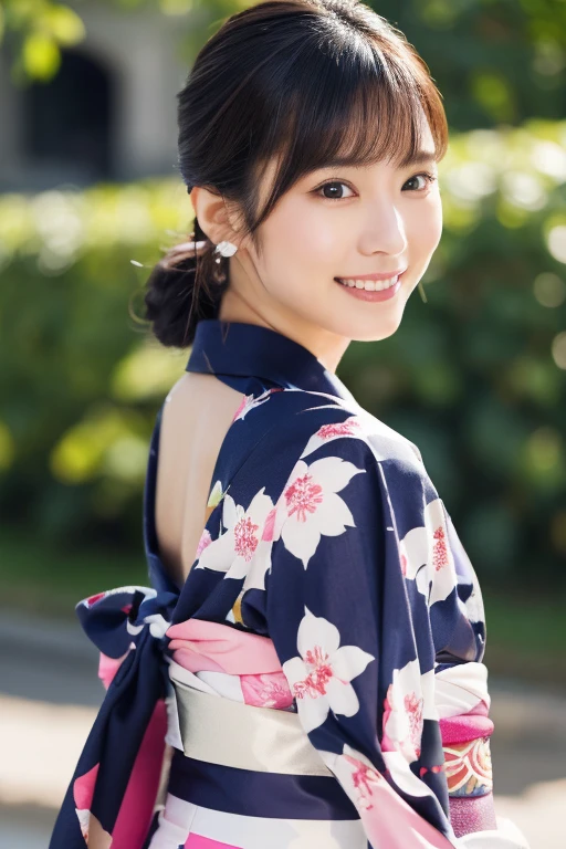 1 person, (Wearing a cute pink yukata.:1.2), Very beautiful Japanese idol portraits, (Young Face),
(RAW Photos, Highest quality), (Realistic, Realistic:1.4), (masterpiece), 
Very delicate and beautiful, Very detailed, 2k wallpaper, wonderful, finely, Very detailed CG Unity 8k 壁紙, Very detailed, High resolution, Soft Light, 
Beautiful details, Very detailed目と顔, Beautiful and sophisticated nose, Beautiful and beautiful eyes, Cinema Lighting, 
(Commemorative photo at the Loire Castle:1.3), 
(Japanese hairstyle), (Tie your hair at the back:1.3), (bangs), (hairpin), 
Complete Anatomy, Slender body, Small breasts, smile