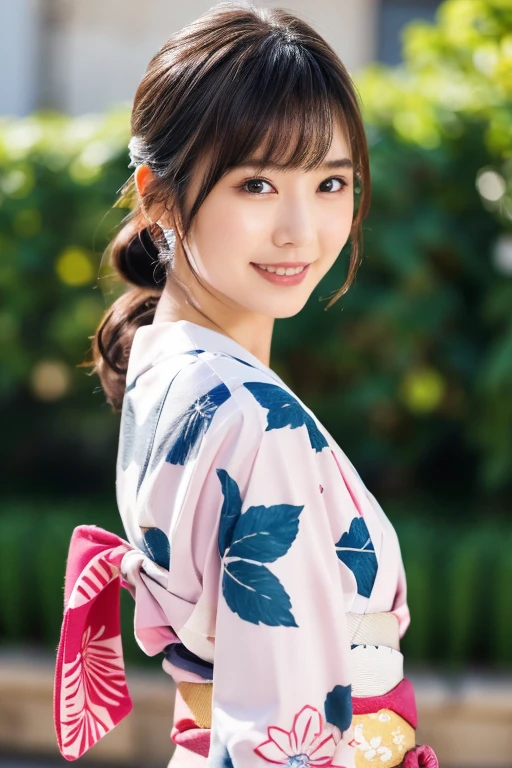 1 person, (Wearing a cute pink yukata.:1.2), Very beautiful Japanese idol portraits, (Young Face),
(RAW Photos, Highest quality), (Realistic, Realistic:1.4), (masterpiece), 
Very delicate and beautiful, Very detailed, 2k wallpaper, wonderful, finely, Very detailed CG Unity 8k 壁紙, Very detailed, High resolution, Soft Light, 
Beautiful details, Very detailed目と顔, Beautiful and sophisticated nose, Beautiful and beautiful eyes, Cinema Lighting, 
(Commemorative photo at the Loire Castle:1.3), 
(Japanese hairstyle), (Tie your hair at the back:1.3), (bangs), (hairpin), 
Complete Anatomy, Slender body, Small breasts, smile