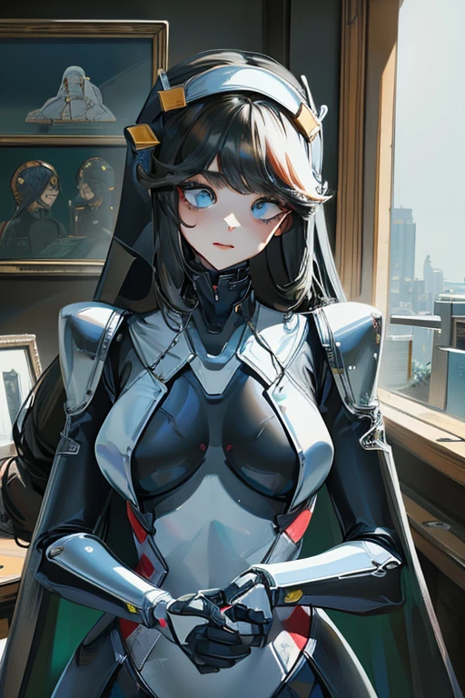 (masterpiece),(Highest quality),(Super detailed),(Best illustrations),(Best Shadow),(Absurd),(Detailed Background),(so beautiful), 16K, 8K, 4K,(Best Shadow),empty eyes,robotization,woman ,big bust,Robot Joint ,Metal skin,Black Suit,long hair,a black suit that covers the whole body,robot hand,cyber bodysuit,metal cat ear,rapunzel(nikke),cyber nun