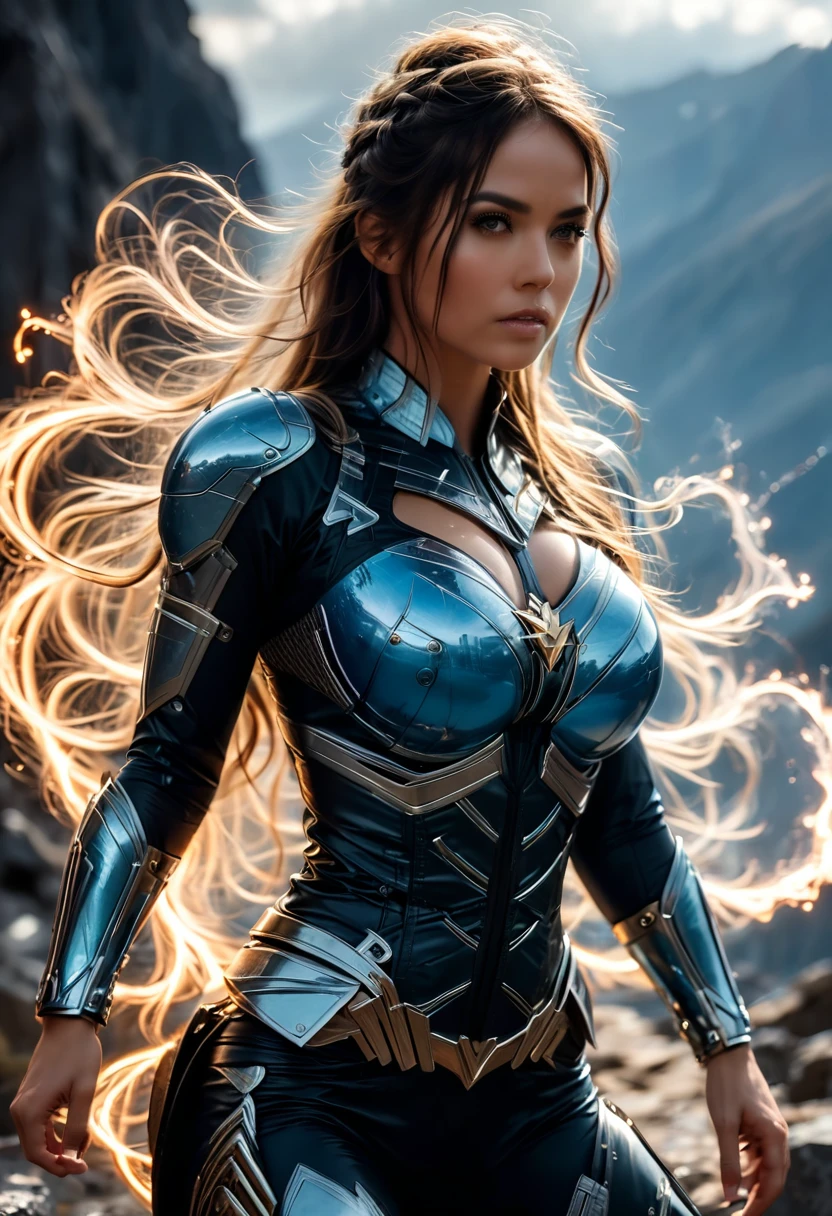 Latina Adult Film Actress Daisy Marie, MILF, evil beautiful and very muscular female Nordic storm giant with blue black-brunette hair in a hip length ponytail, older and mature looking , throwing a lightning bolt, glowing tattoos, wearing steel runic plate mail Armour , temple cave background with lightning storm, glowing blue eyes, powerful and imposing, square jawline