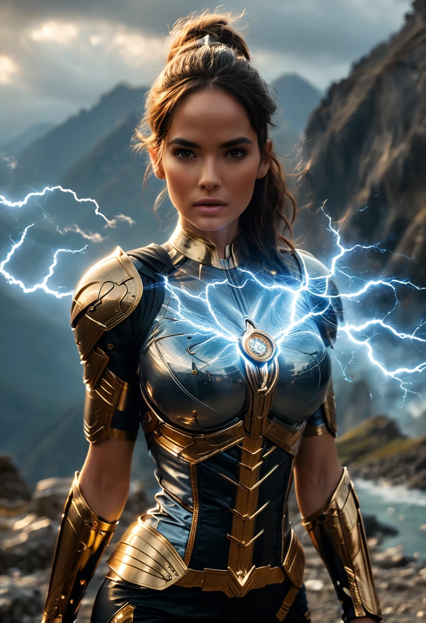 Latina Adult Film Actress Daisy Marie, MILF, evil beautiful and very muscular female Nordic storm giant with blue black-brunette hair in a hip length ponytail, older and mature looking , throwing a lightning bolt, glowing tattoos, wearing steel runic plate mail Armour , temple cave background with lightning storm, glowing blue eyes, powerful and imposing, square jawline